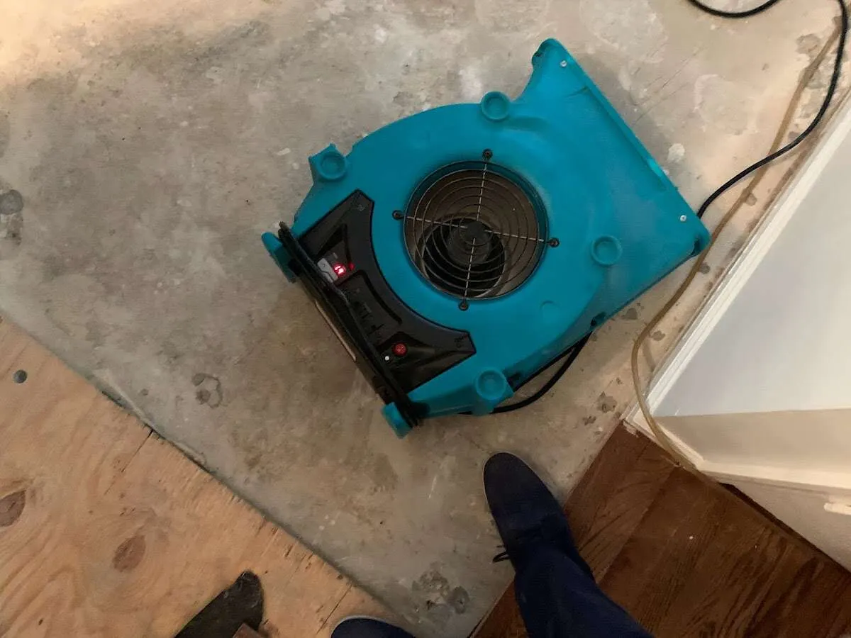 Air mover drying subfloor during Leak Detection & Repair in Cottleville